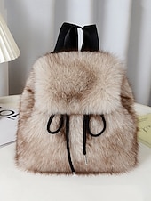 abordables Sacs à Dos de Mode-Sac à dos en fausse fourrure pour femme, sac à dos élégant avec cordon de serrage pour une tenue décontractée, matière en peluche douce, parfait pour un usage quotidien et les tenues d'hiver