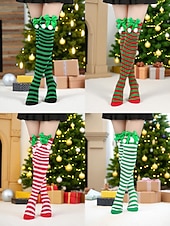 levne Dámské ponožky-Dámské vánoční ponožky do stehen, sada 4 párů, pruhované &amp;Jednobarevné červené sváteční punčochy s mašlemi a bambulkami, slavnostní ponožky nad kolena na zimní večírky &amp;dárky