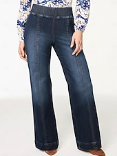 preiswerte Damenhosen-Damen-Jeanshose mit weitem Bein, Stretch-Gummibund vorne, schlankmachender Einsatz, lässig, Urlaub, Alltag, Frühling, Sommer, Herbst