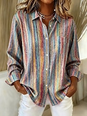 Недорогие Полосатые и геометрические блузки-Жен. Рубашка Блуза Пэчворк Пуговицы С принтом Графика Геометрический принт В клетку Винтаж тропический Повседневные Длинный рукав Рубашечный воротник Обычные топы Повседневные