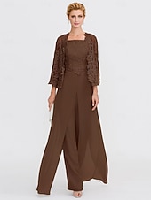 abordables Combinaisons pour maman-Pantalon de mariage de plage 3 pièces mère de la mariée invité de mariage élégant taille plus décolleté carré longueur de sol en chiffon dentelle cordée sans manches enveloppe incluse avec appliqués