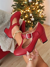 abordables Zapatos Mary Jane-Zapatos de tacón con tira en T para mujer, color rojo, con detalle de hebilla, estilo clásico y elegante, ideales para fiestas navideñas, eventos festivos y ocasiones formales.