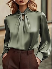 preiswerte Schicke Blusen-Damen Elegant Satin-Top Bluse Seiden-Oberteile Gerafft Einfach Elegant Stilvoll Langarm Wasserfallausschnitt Normale Oberteile Täglich Blau Salbeigrün Rote Grün Herbst