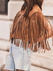 tanie Zwykły zbiornik-Damskie Bluzka Frędzel Równina Zachodni Bez rękawów W serek Zwykłe topy Święto Wyjściowe Czarny Jasnobrązowy Lato Wiosna