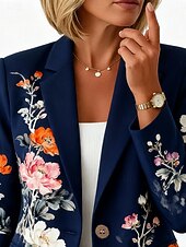 Недорогие Пиджаки и костюмы-Жен. Блейзер Сохраняет тепло Удобный Карман Пуговицы С принтом Повседневные На каждый день Цветочный принт Официальные Офис Повседневные Однобортный крой Обычная Лацкан с тупым углом Стандартный
