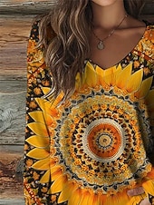 voordelige Boho t-shirt-Vrouwen Boho T Shirt Graphic Tribaal Vintage Stijlvol Casual Lange Mouwen V-Hals Reguliere Tops Dagelijkse Print Geel Lente Herfst