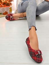 baratos Sapatilhas de mulher-sapatilhas femininas xadrez vermelhas com laço de strass – sapatos sociais elegantes e fáceis de calçar para uso diário, escritório e festas de Natal