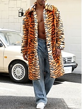 billige Jakker og frakker til herrer-Herre Vinterjakke Fuskepels Feriereise Daglig Hold Varm Fleece Høst Vinter Tigerpels Mote Gatemote Knaphul Lang Oransje Jakker