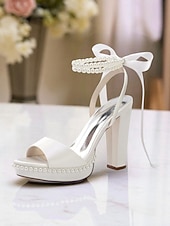 abordables Demoiselle d&amp;#39;honneur-Escarpins à plateforme en satin rose pour femme avec bride cheville en perles et nœud - sandales élégantes à talons hauts pour cocktails et événements formels