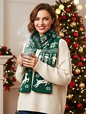 abordables Foulards pour femmes-Écharpe de Noël pour femme en maille avec motif renne – matière acrylique, motif festif pour les fêtes et les vêtements d'hiver