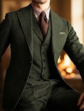 Недорогие Официальные костюмы-Мужской Свадьба Твидовые костюмы Острый Лацкан с тупым углом Хаки Военно-зеленный Повседневные Деловые Однотонный Большие размеры Набор из 3 предметов Однобортный с 2 пуговицами