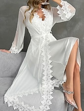 お買い得  レディース パジャマトップス＆ボトムス-女性用 ローブ あたたか ファッション カジュアル ピュアカラー サテンシルキーパジャマ レース ドレス 家 ベッドサイド 長袖 クルーネック ホワイト 夏 春 レギュラー