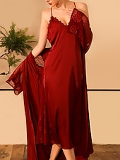 voordelige Valentijnsdag Slaap &amp; Lounge-Dames Gewaad Casual Comfortabel Heldere kleur Veters Huis Dagelijks Lange mouw V-hals Zwart Wit Wijn Zomer Lente Herfst Normale pasvorm