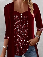 voordelige Kerstblouses en -shirts-Kerstmis Vrouwen Blouse Effen Kleur Elegant Stijlvol Basis Lange Mouwen Vierkante Hals Standaard Tops Dagelijks Sequins Patchwork Zwart Wijn Paars Groen Lente Herfst Winter