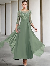 cheap Ankle Length-A-Line Ankle Length Party Dress Cocktail Dress Wedding Guest Dress Mother of the Bride Dress 3/4 Length Sleeve Jewel Neck Elegant Plus Size Wedding Guest Wedding Party Chiffon Lace with Ruched Sequin