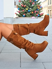 cheap Fashion Boots-Women's Red Suede Slouch Boots with Buckle Detail, Chunky Block Heel, Stylish and Comfortable, Perfect for Winter, Christmas and Casual Occasions