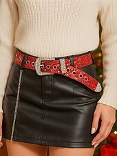 levne Dámský pásek-Dámský vánoční třpytivý pásek – umělá kůže s křišťálovými cvočky a stříbrnou přezkou, slavnostní červený design, ideální pro sváteční outfity