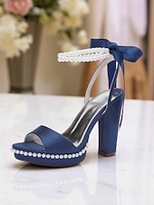 abordables Demoiselle d&amp;#39;honneur-Escarpins à plateforme en satin rose pour femme avec bride cheville en perles et nœud - sandales élégantes à talons hauts pour cocktails et événements formels