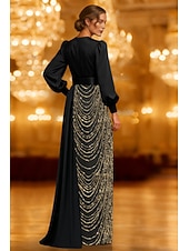 お買い得  ボールガウンイブニングドレス-Ａライン フロア丈 イブニングドレス オーバースカート付きボールガウン フォーマルドレス エレガント カラーブロック 高分割 長袖 Ｖネック フォーマル 結婚式 サテン スパンコール ととも​​に グリッター素材 刺繍 2025