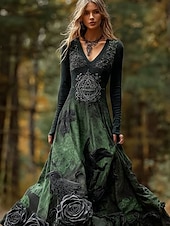 billiga Boho-klänning-Kvinnors Maxi Klänning A-linjeformad Klänning Plisserad Klänning Passform Och Flare Klänning Boho Datum Regular Fit Blommig Grafik Lång Ärmar V-Hals Grön Vår Höst Vinter