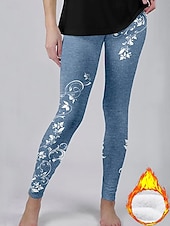 preiswerte Blaue 3D-Druck-Damen Fleecehose Leggings Urlaub Vintage Ethno-Stil Volle Länge Hohe Taille Blumen Grafik Druck Thermowarm Bequem Verdicken Dehnbar Lässig Täglich Outdoor Blau Schwarz Frühling Herbst Winter Schmale