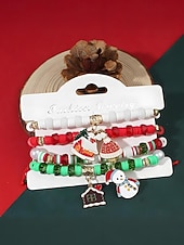 Недорогие Рождественские аксессуары-Женский рождественский браслет из бисера с подвесками в виде Санты, оленей и снеговика, красно-зеленые эластичные браслеты с жемчугом, праздничный подарок на праздник для нее