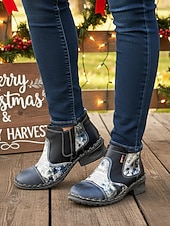 voordelige Enkel laarzen-Dames enkellaarsjes van echt leer, handgemaakt in rood, met artistiek patchworkmotief, comfortabele casual Chelsea-laarzen in vintagestijl voor Kerstmis en winteroutfits &amp;vakantiebijeenkomsten