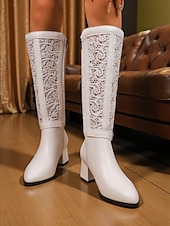  naisten valkoiset pitsipaneelilla varustetut polvipituiset saappaat solkiremmillä ja lohkokoroilla, elegantit vintage-hääsaappaat &juhlamuotisaappaat