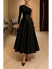 abordables Vestidos de cóctel-Corte A Vestido Midi Vestidos de coctel Vestidos de fiesta Elegante Manga Larga Un Hombro Fiesta de jardin Boda Satén Lentejuelas con Plisado Lentejuela