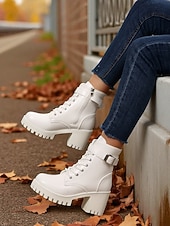 Χαμηλού Κόστους Μπότες μάχης-Γυναικείες λευκές μπότες με χοντρό τακούνι και δετά κορδόνια, κομψές μπότες μάχης με ψηλοτάκουνο και ρυθμιζόμενη αγκράφα, μοντέρνα υποδήματα για casual και υπαίθριες περιστάσεις.