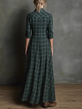 billige Stripete og geometrisk kjole-Dame Maxikjole Skiftkjole Ferie Fritid Bohem Daglig Ferie Ut på byen Normal Ruter Langermet Knaphul Dyp Grønn Høst Vinter