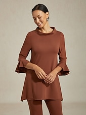  Blusa feminina chiffon marrom café modal slim fit mangas transparentes elegante casual diário leve respirável escritório jantar encontro primavera outono