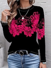 abordables T-shirt rayé et géométrique-Femmes T-shirt Imprimé Fleuri Graphique Plantes ancien Mode Élégant manche longue Col ras du cou Col rond Hauts Réguliers Quotidien Week-end Rose Automne Hiver