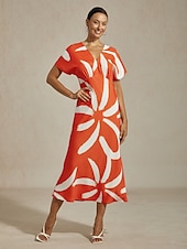 abordables vestido casual-Vestido largo de satén con estampado abstracto para mujer, manga dolman, escote en V, cintura anudada, elegante, informal, para vacaciones, primavera, verano y otoño.