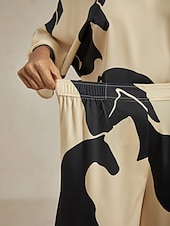 preiswerte Damenhosen-Damenhose mit weitem Bein, Satin, abstrakter geometrischer Druck, elastische Taille, plissiert, lässig, Urlaub, elegant, Frühling, Sommer, Herbst