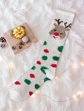 tanie Akcesoria świąteczne-Damskie, świąteczne, puszyste, sięgające do kolan skarpetki, ciepłe i przytulne, zimowe, domowe pończochy z odświętnym, czerwono-zielonym wzorem w gwiazdki, idealne na świąteczny relaks &amp;prezenty