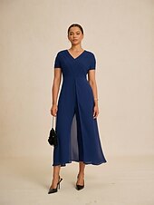 preiswerte Designer-Kleider &amp; Jumpsuits-Damen-Jumpsuit, blau, V-Ausschnitt, getäfeltes Design, zweiteilig, fließend, transparenter Look, Stretchstoff, lässig, Frühling, Sommer, Herbst