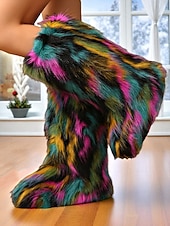 cheap Snow &amp; Winter Boots-Women&#039;s Multicolor Faux Fur Festival Boots, Fluffy Rainbow Knee-High Snow Boots for Rave, Party &amp; Winter Music Festivals