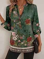 preiswerte Blumenblusen-Damen Bluse Druck Blumen Grafik Vintage Tropisch Hawaiianisch Langarm V Ausschnitt Normale Oberteile Täglich Ferien Strandbekleidung Blau Grün Frühling Herbst Winter