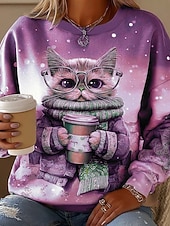 お買い得  動物のトップ-女性用 スウェットシャツ グラフィック 動物 猫 カジュアル 長袖 クルーネック レギュラートップス ストリート 日常着 カジュアル プリント ピンク パープル ブラウン グリーン 春 秋 冬