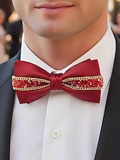 ieftine Nuntă ACC-Papion de Crăciun pentru bărbați – papion din satin roșu, negru și alb cu detalii din cristale și lanț auriu – accesoriu elegant de sărbătoare pentru evenimente formale