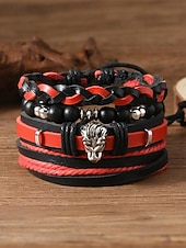 levne Pánské šperky-Pánská sada náramků z umělé kůže, červeno-černé tkané náramky s detaily zlého oka a korálků, stylové na Vánoce, různé vzory