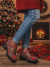 preiswerte Damen Weihnachtschuhe-Rote Mary Jane Plateauschuhe mit Schnalle im Karomuster für Damen – festlicher Weihnachtsstil, perfekt für Urlaubsoutfits und Weihnachtsfeiern