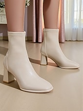 זול מגפי קרסול-מגפוני קרסול מרובעים מעור דמוי עור בצבע קרם לנשים, מגפונים אלגנטיים עם עקב בלוק ורוכסן ללבישה במשרד, מסיבות ותלבושות סתיו