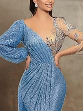 economico Abiti da ballo-Sirena Tromba Strascico da Corte Abito da Sera Abito da ballo con sopragonna Abito formale Elegante Manica Lunga Scollo Illusione Formale Con Paillettes con Pieghe Paillettes
