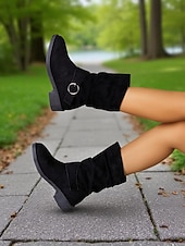 cheap Slouch Boots-Women's Khaki Faux Suede Mid-Calf Boots with Slouchy Design and Side Ring Buckle, Comfortable Low Heel Casual Riding Boots for Fall Winter Outdoor Wear