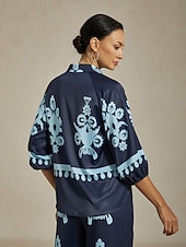 abordables Blusas y camisas-Blusa de mujer azul con bordado floral, cuello camisero, manga 3/4, estilo bohemio, informal, elegante, para vacaciones de verano.