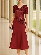 preiswerte Knöchellänge-Meerjungfrauenschnitt Knöchellänge Partykleid Cocktailkleid Kurzarm V Ausschnitt Elegant Formell Baumwollmischung Polyester Brautmutterkleid mit Farbblock