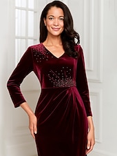 preiswerte Teelänge-Schlauchkleid Tee-Länge Partykleid Cocktailkleid Figurbetontes Kleid Langarm V Ausschnitt Elegant Formell Spandex Polyester Brautmutterkleid mit Perlenstickerei