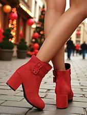 cheap Women&#039;s Christmas Shoes-Women&#039;s Red Suede Ankle Boots with Double Buckle Detail and Chunky Heel, Stylish and Cozy, Perfect for Christmas, Winter Outings and Holiday Parties